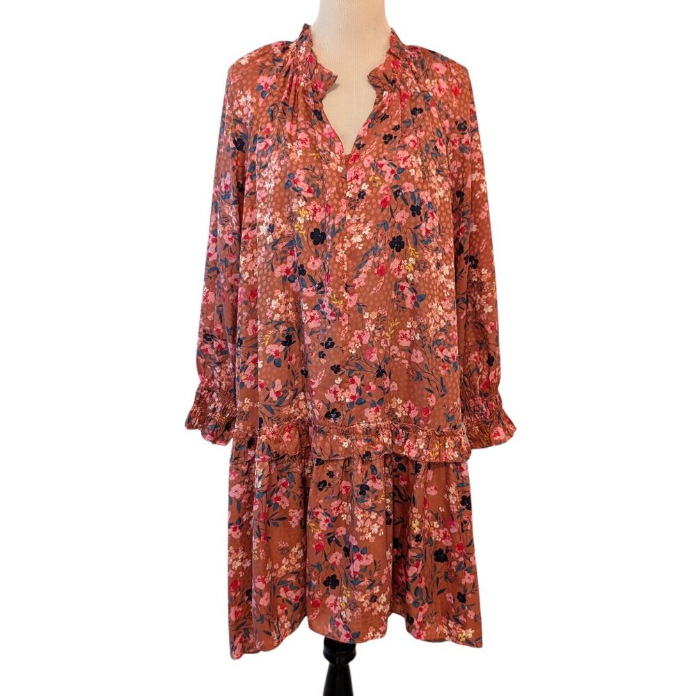 Ann Taylor Rust Floral Ruffle Long-Sleeve Shift Dress